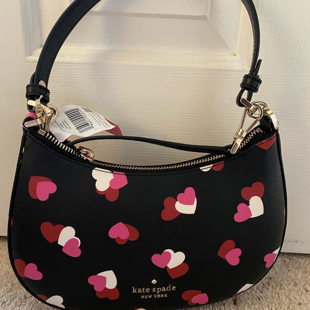 Black Kate spade bag with red pink and white hearts - Picture 1 of 5